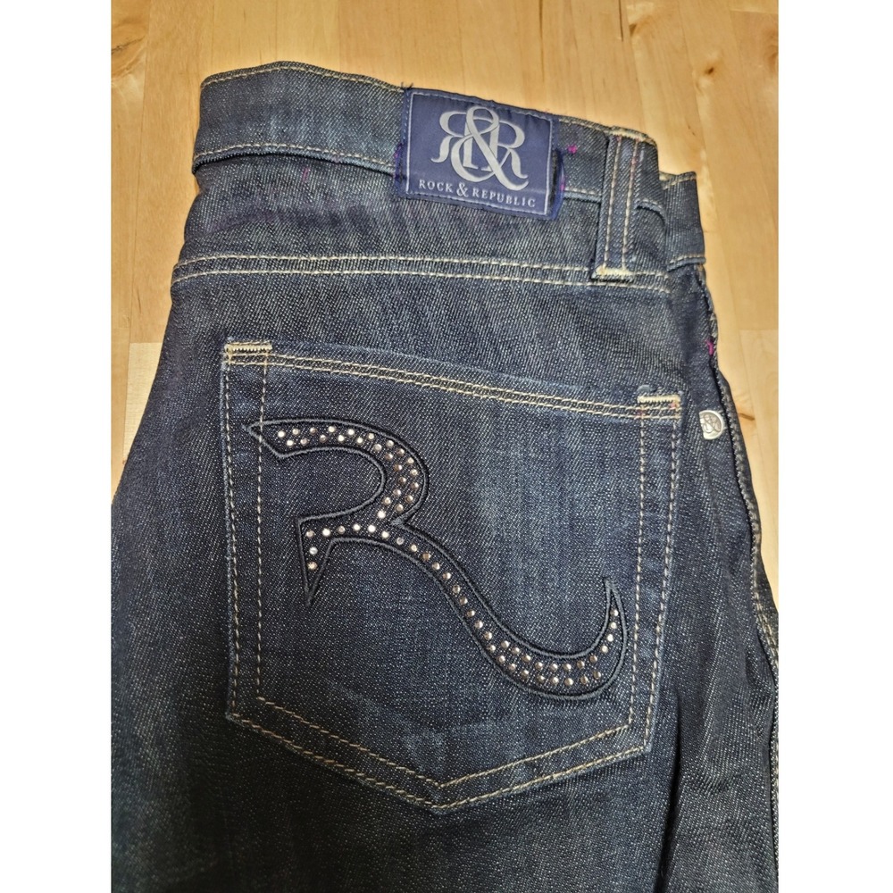 Rock & Republic Kasandra Bootcut Jeans Dark Wash Rhinestone Logo Women's 6M